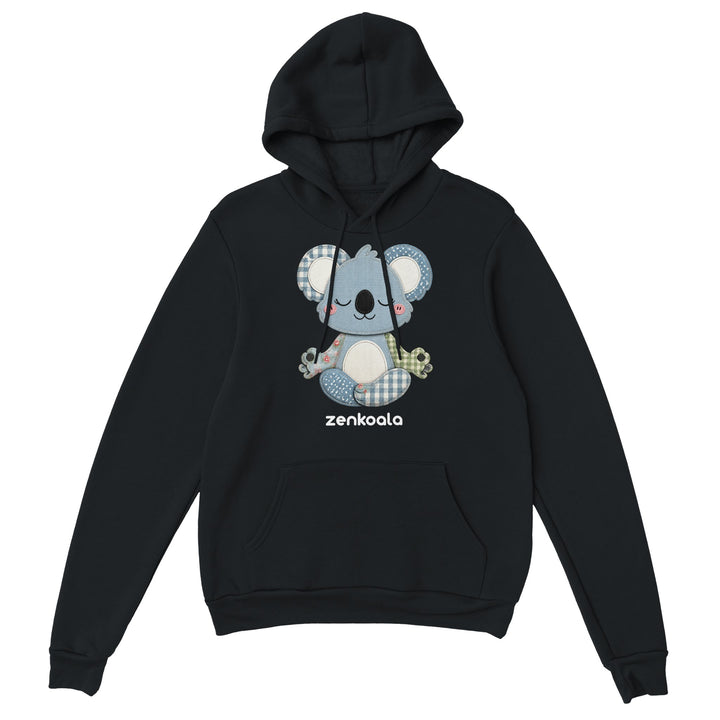 Faux Patchwork Meditating Koala feel-good hoodie in Black — Zen Koala Australia