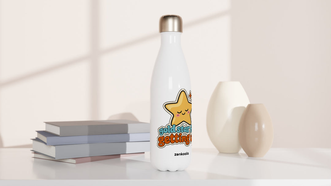 Gold Star for Getting Up water bottle beside books and vases, Zen Koala Australia