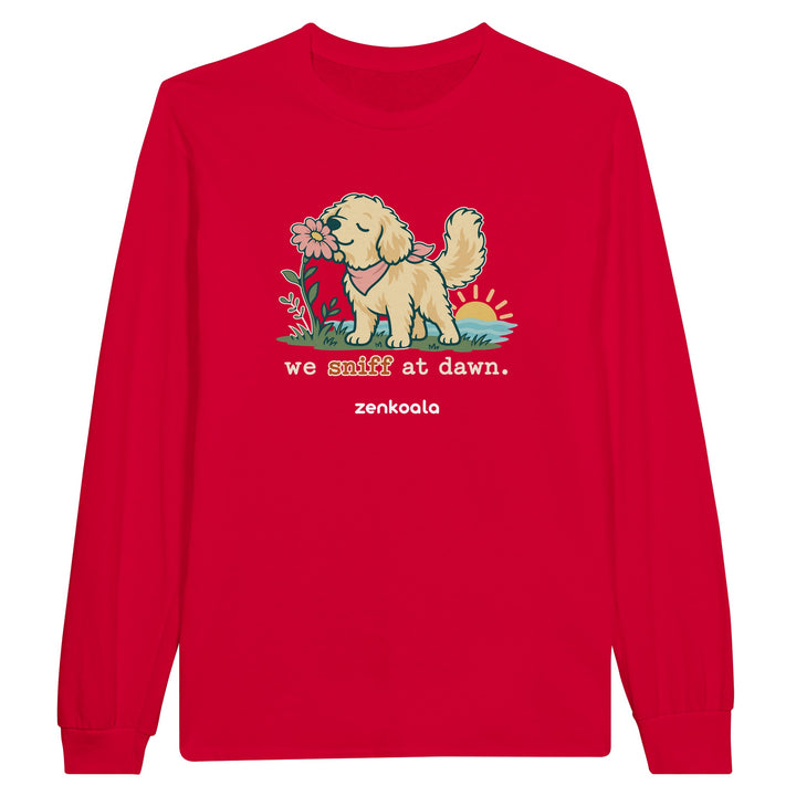 We Sniff at Dawn feel-good long sleeve tee in red, Zen Koala Australia