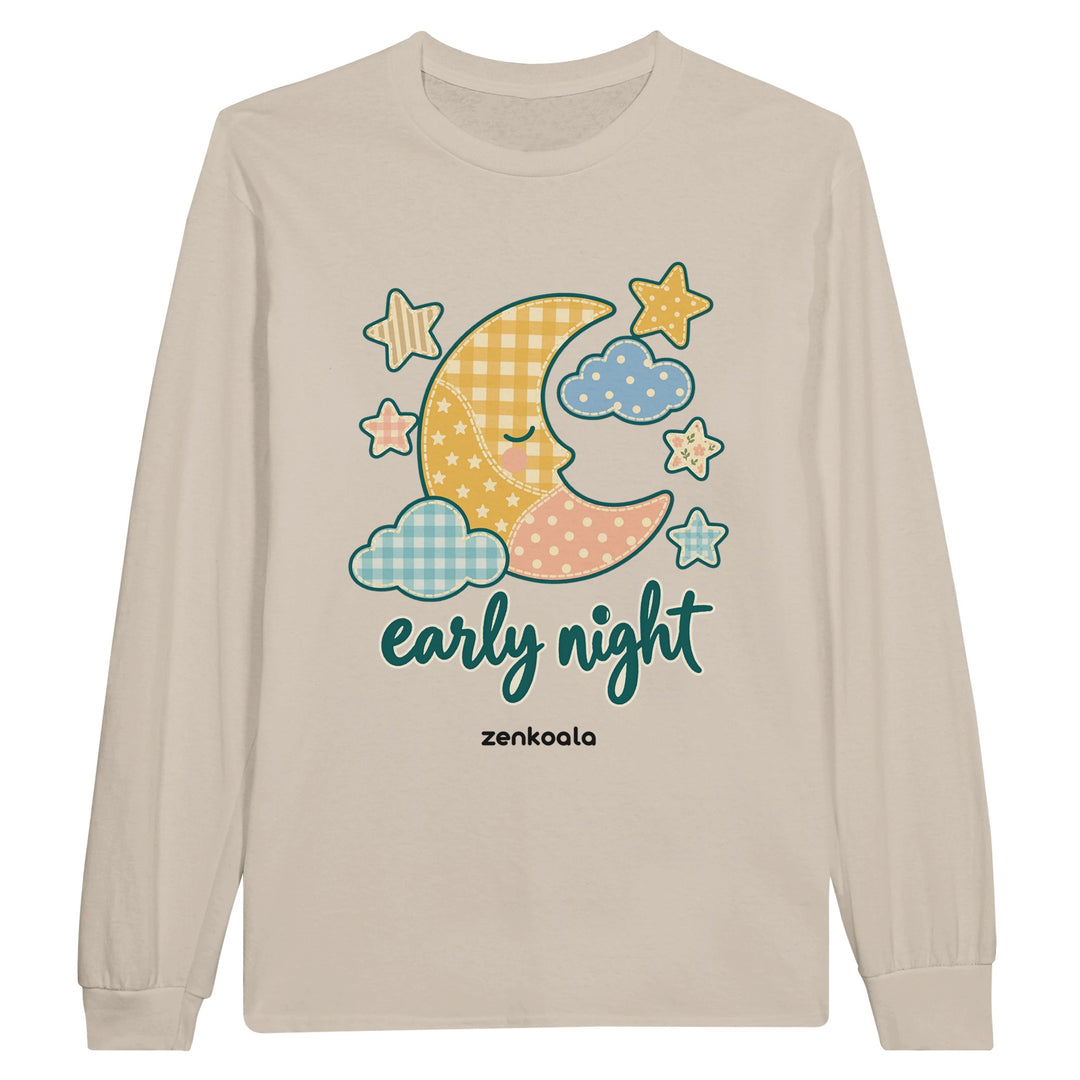 Early Night Moon feel-good long sleeve tee in sand: a sleepy faux patchwork moon, Zen Koala Australia