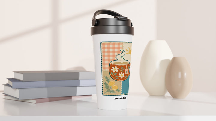 Cuppa Quilt travel mug beside books and vases, Zen Koala Australia