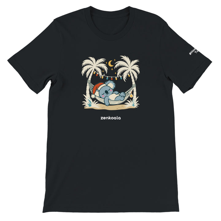 Koala Santa Hammock feel-good tee in black: a koala in a Santa hat dozing in a hammock, Zen Koala Australia