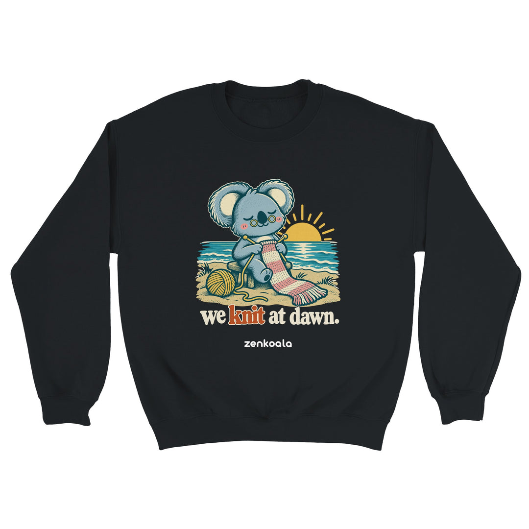 We Knit at Dawn feel-good sweatshirt in black, Zen Koala Australia