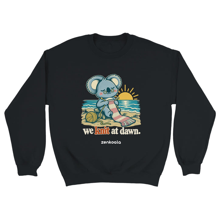 We Knit at Dawn feel-good sweatshirt in black, Zen Koala Australia