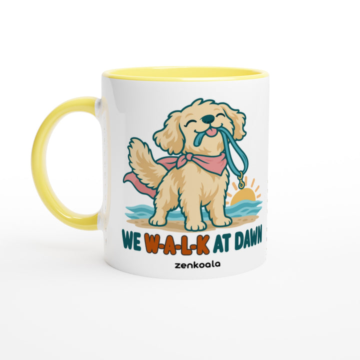 We Walk at Dawn mug in yellow: white with a yellow rim, inside and handle, Zen Koala Australia