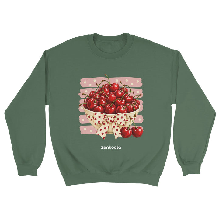 Cherries feel-good sweatshirt in military green: a bowl of cherries with a bow, Zen Koala Australia