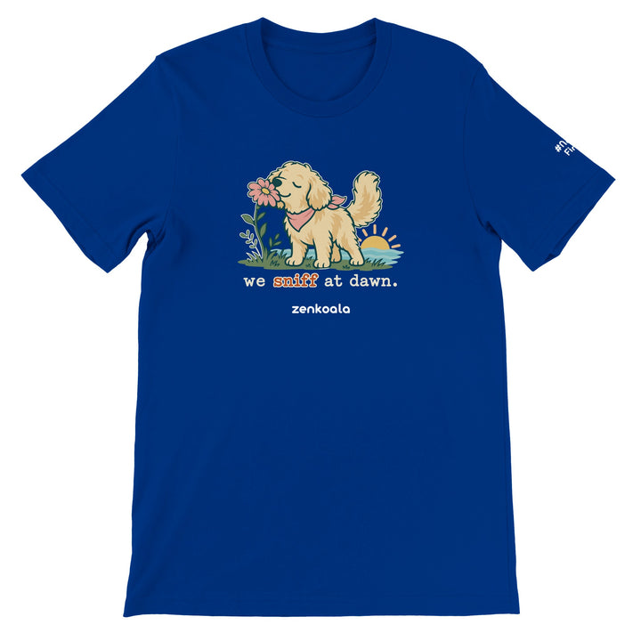 We Sniff at Dawn feel-good tee in true royal, Zen Koala Australia