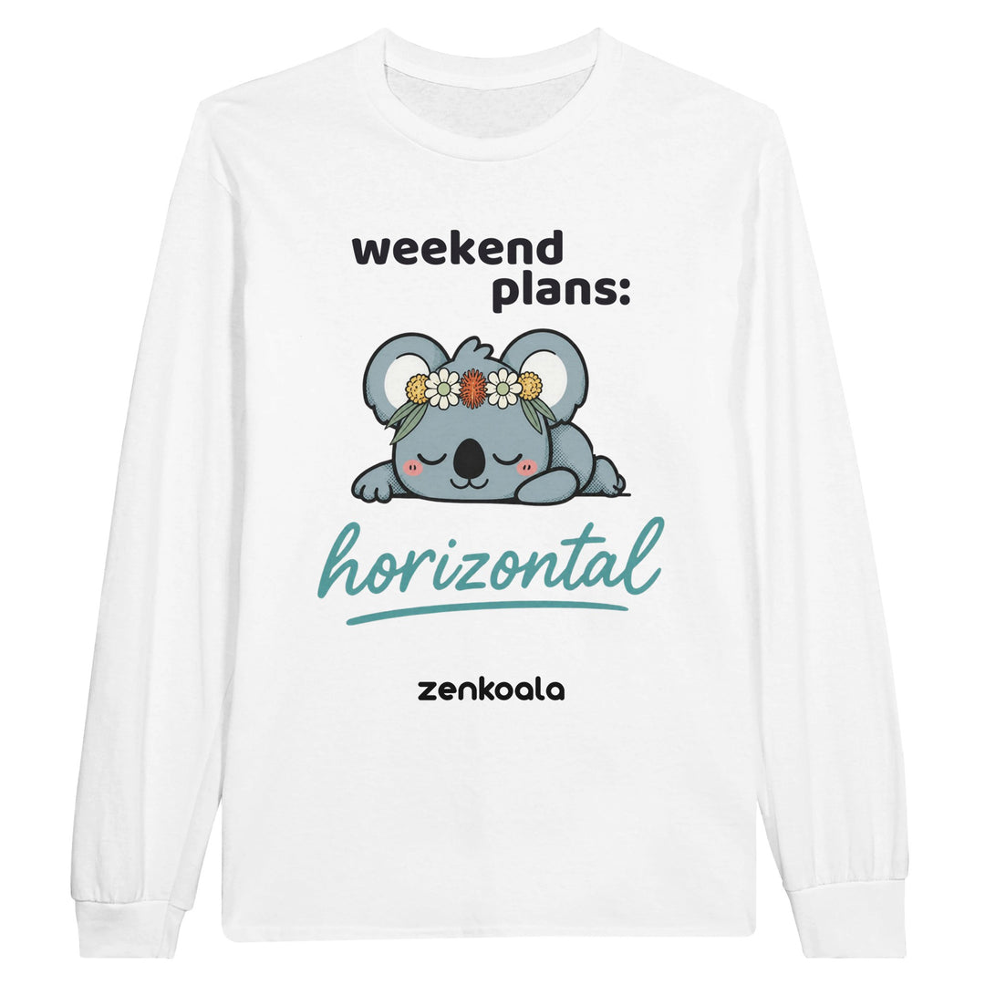 Weekend Plans Horizontal Koala long sleeve tee in white — Zen Koala Australia