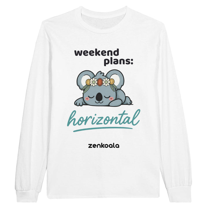 Weekend Plans Horizontal Koala long sleeve tee in white — Zen Koala Australia