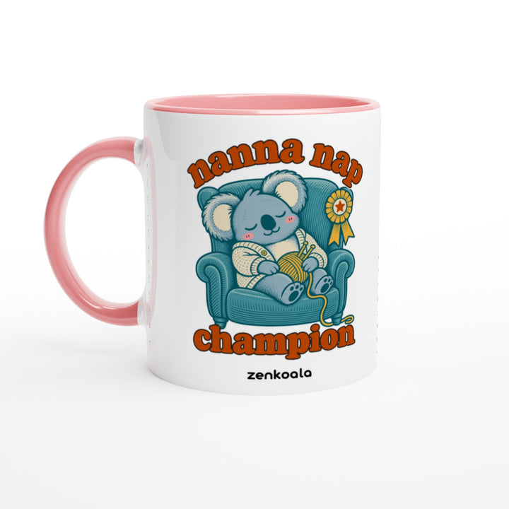 Nanna Nap Champion mug in pink: white with a pink rim, inside and handle, Zen Koala Australia