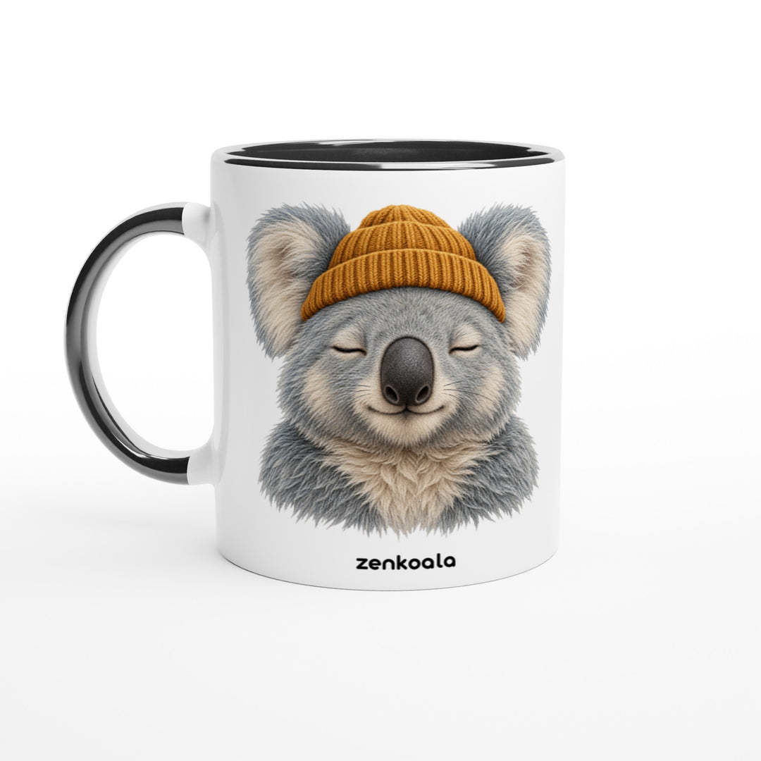 Koala Beanie mug in black: white with a black rim, inside and handle, Zen Koala Australia