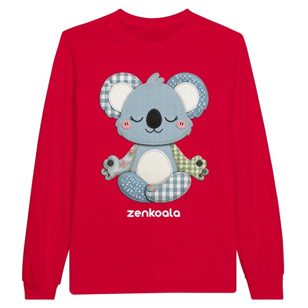 Faux Patchwork Meditating Koala long sleeve tee in red — Zen Koala Australia