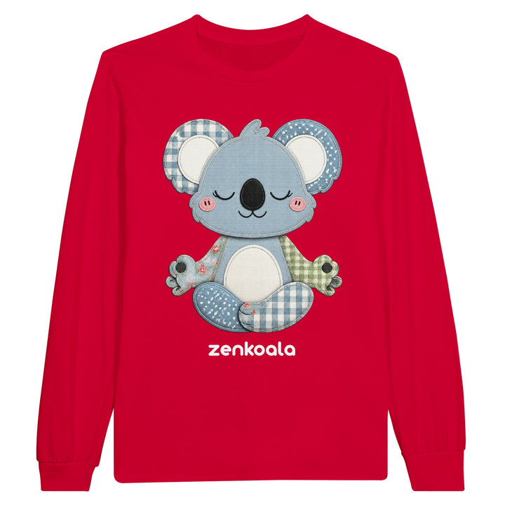 Faux Patchwork Meditating Koala long sleeve tee in red — Zen Koala Australia