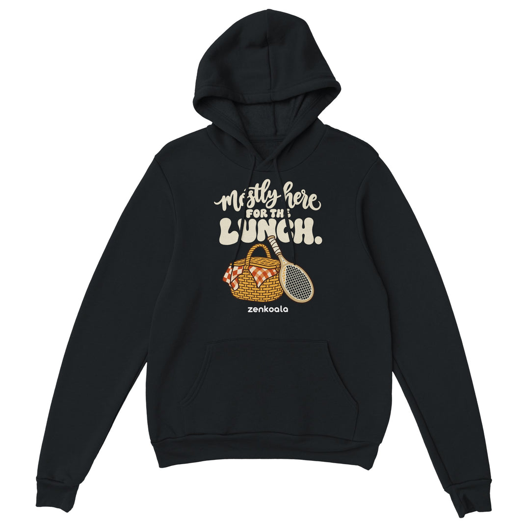 Mostly Here for the Lunch feel-good hoodie in black, Zen Koala Australia