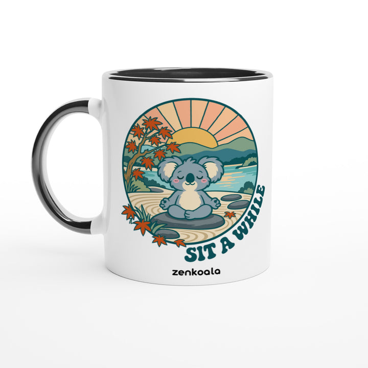 Sit a While mug in black: white with a black rim, inside and handle, Zen Koala Australia