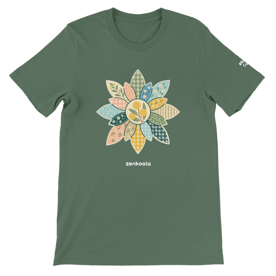 Wattle Mandala feel-good tee in military green: a gum-leaf faux patchwork mandala, Zen Koala Australia