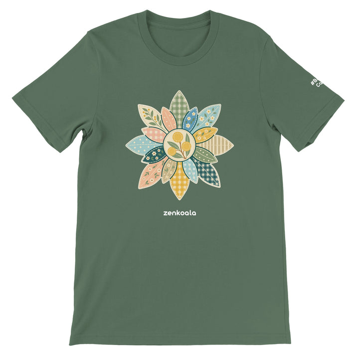 Wattle Mandala feel-good tee in military green: a gum-leaf faux patchwork mandala, Zen Koala Australia