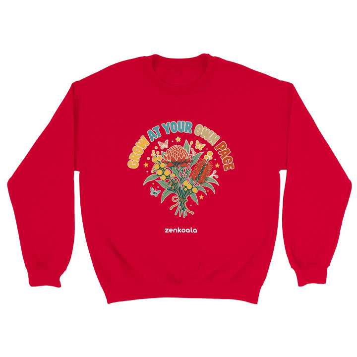 Grow at Your Own Pace feel-good sweatshirt in red, Zen Koala Australia