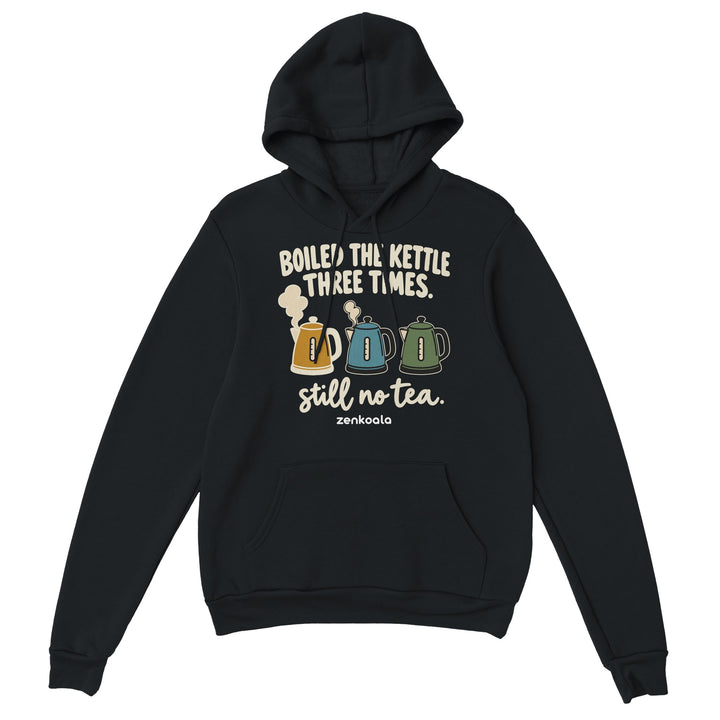 Boiled the Kettle Three Times feel-good hoodie in black: three retro kettles and still no tea, Zen Koala Australia