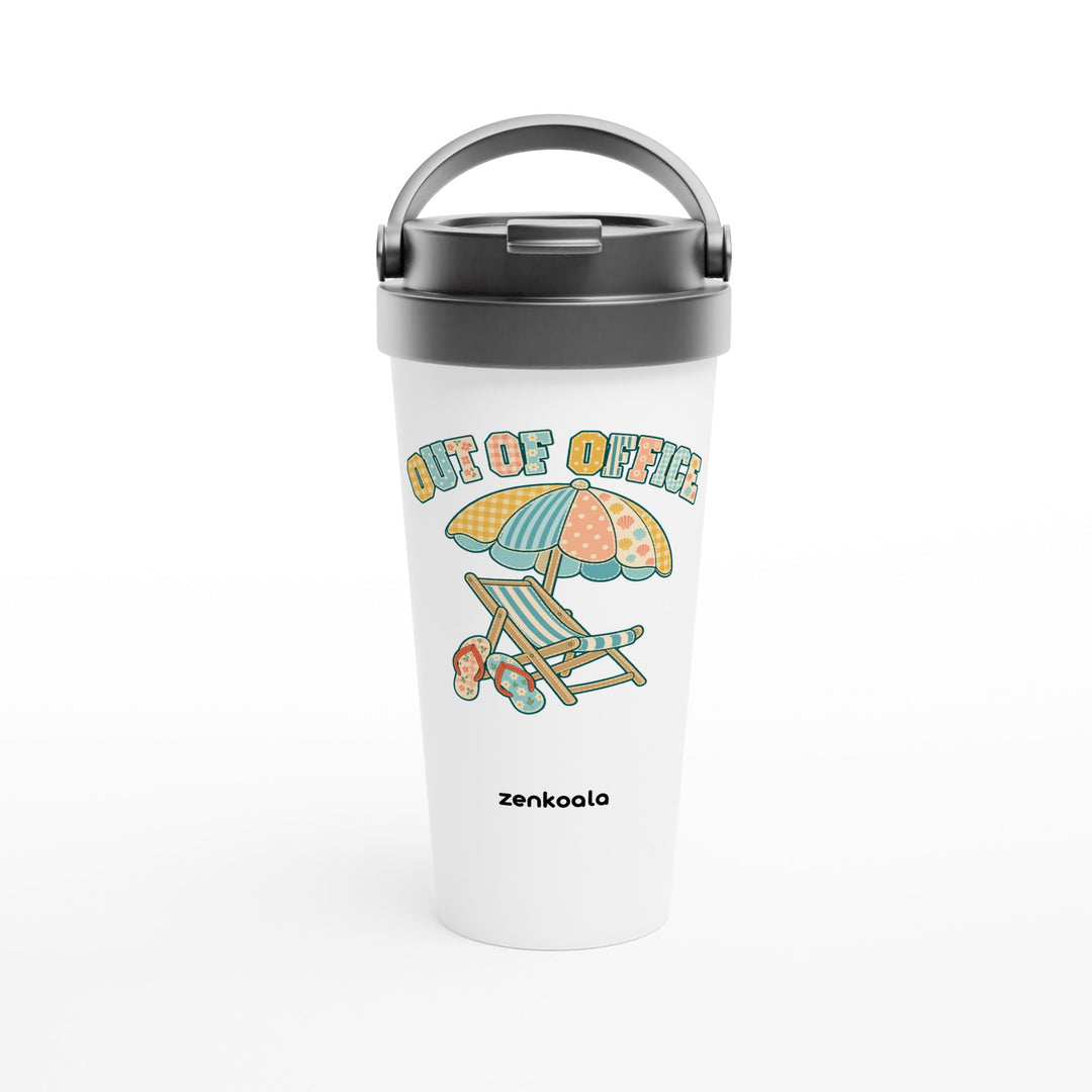 Out of Office Beach feel-good travel mug: a faux patchwork beach chair and umbrella, Zen Koala Australia