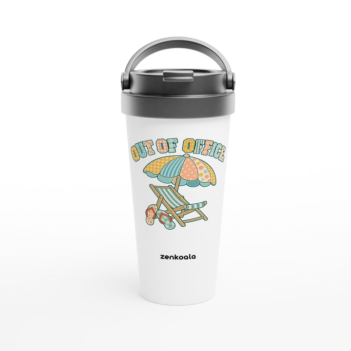 Out of Office Beach feel-good travel mug: a faux patchwork beach chair and umbrella, Zen Koala Australia
