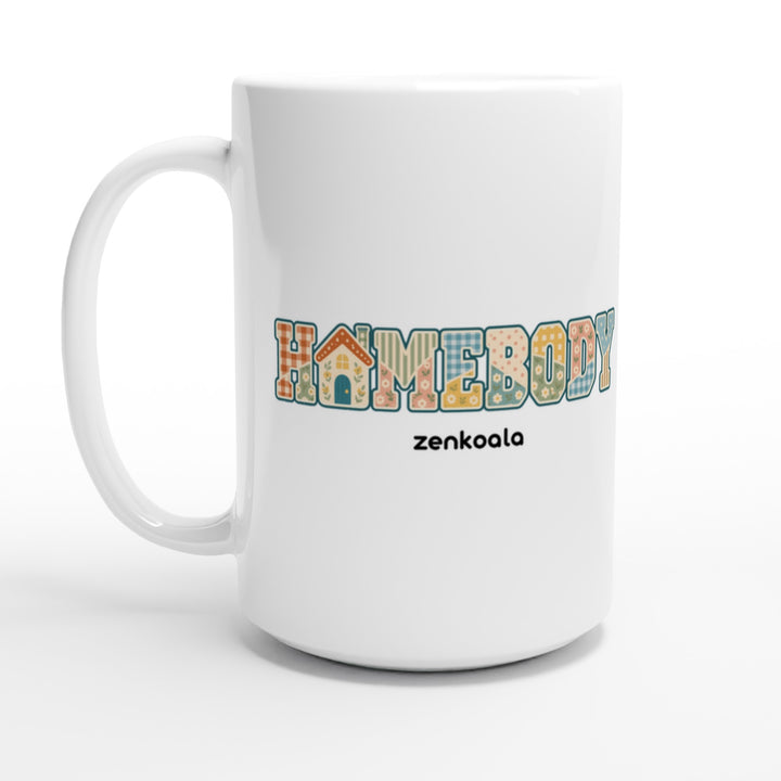 Homebody Faux Patchwork feel-good 15oz mug: cosy faux patchwork letters with a little house, Zen Koala Australia