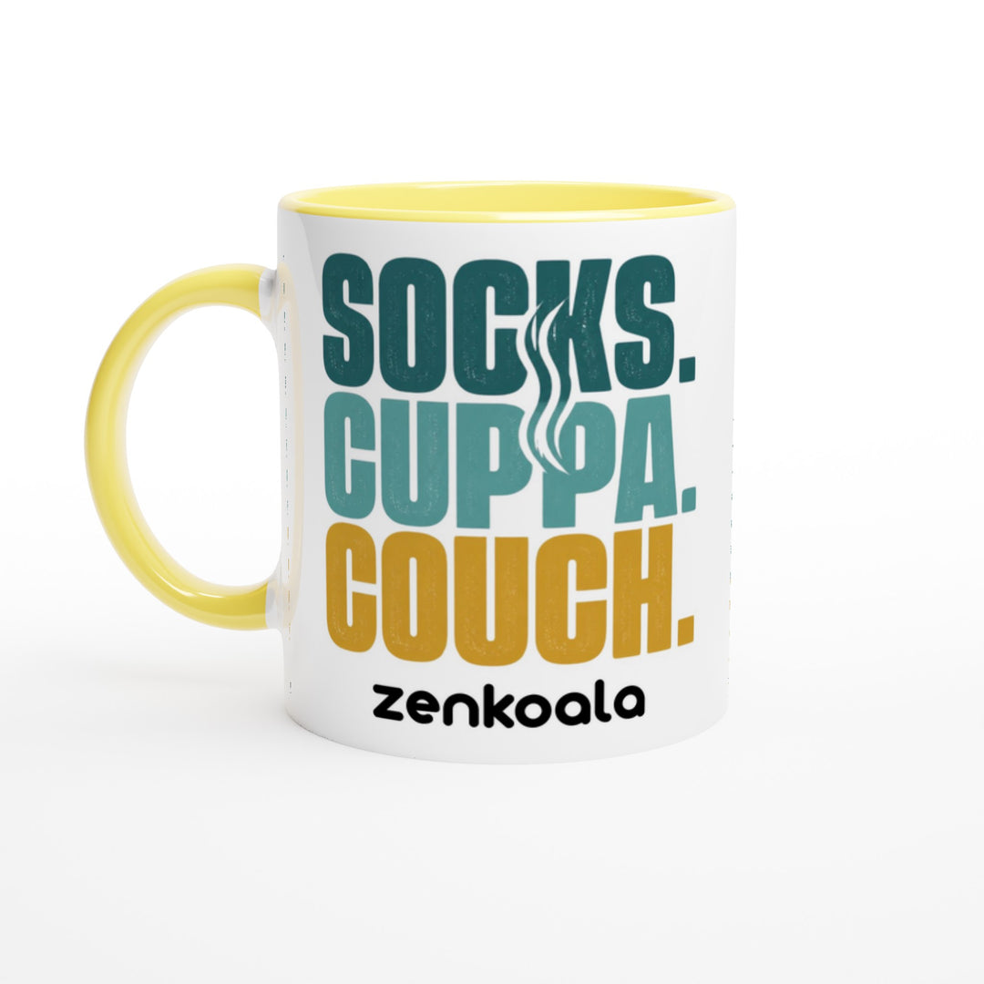 Socks Cuppa Couch feel-good mug, yellow inside — Zen Koala Australia