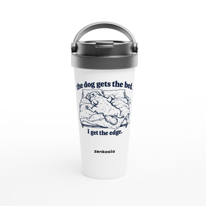 The Dog Gets the Bed feel-good travel mug: a dog sprawled across the whole bed, Zen Koala Australia