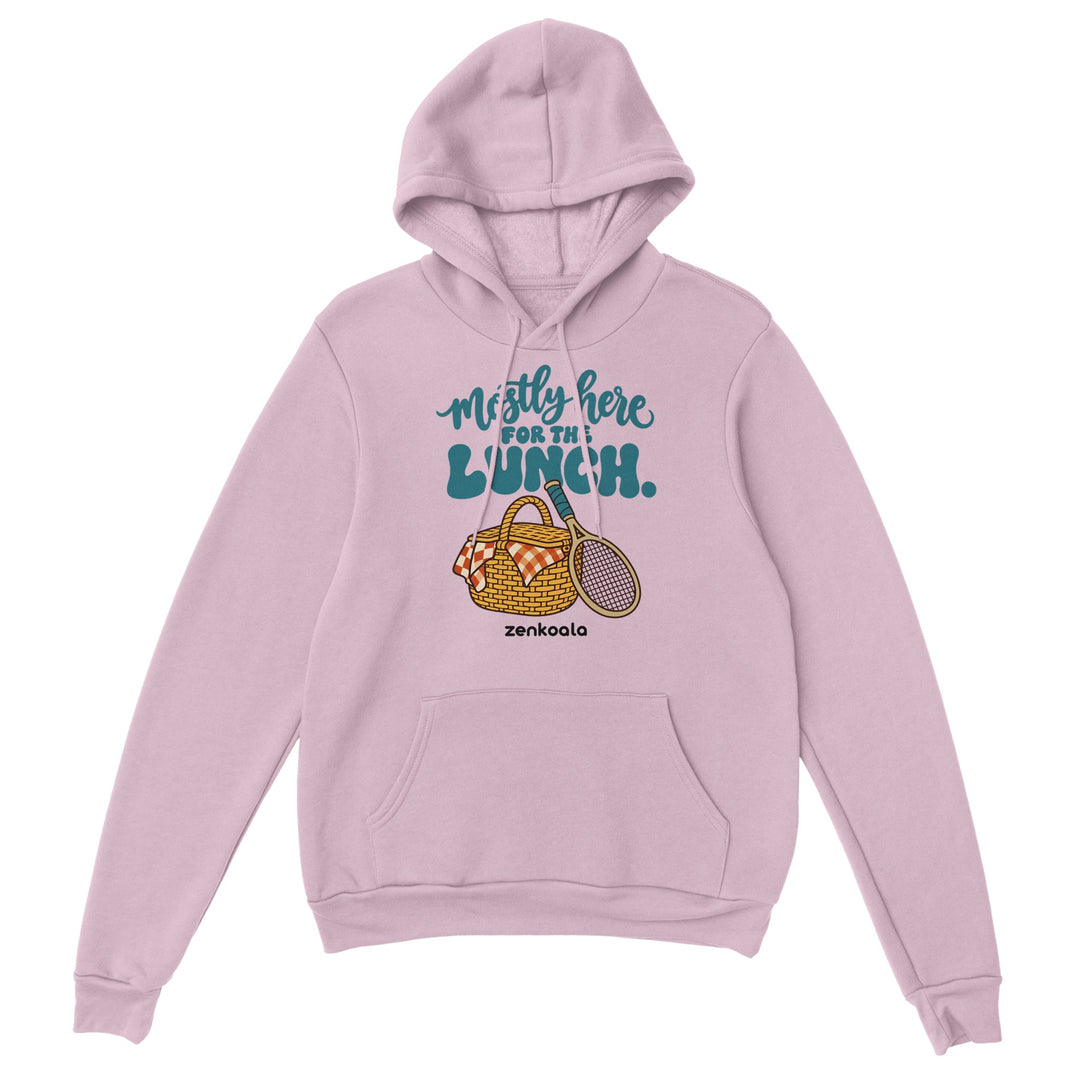Mostly Here for the Lunch feel-good hoodie in light pink, Zen Koala Australia