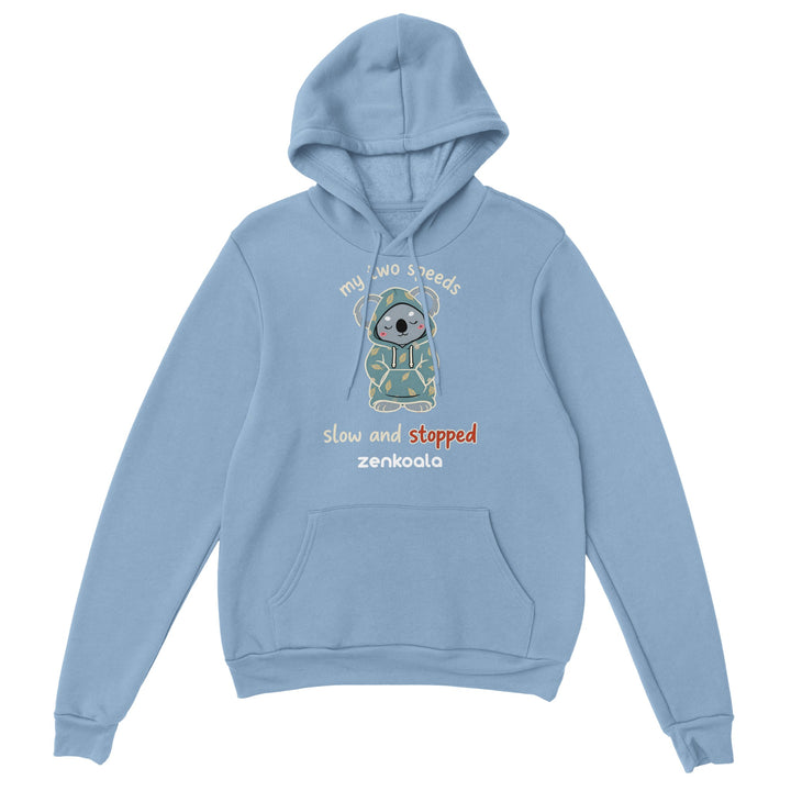 My Two Speeds Slow and Stopped feel-good hoodie in Light Blue — a sleepy koala in a cosy leaf-print hoodie, Zen Koala Australia