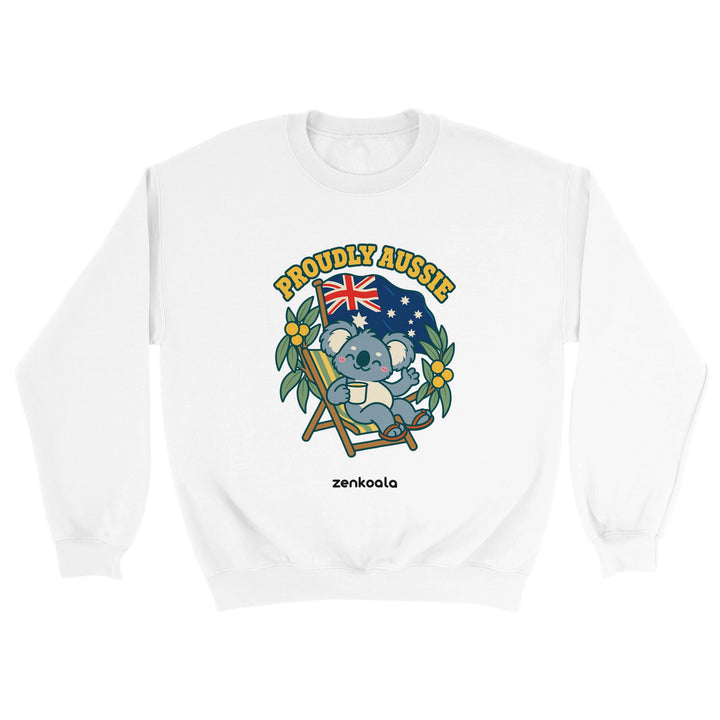 Proudly Aussie feel-good sweatshirt in white: a koala in a beach chair under the Australian flag, Zen Koala Australia