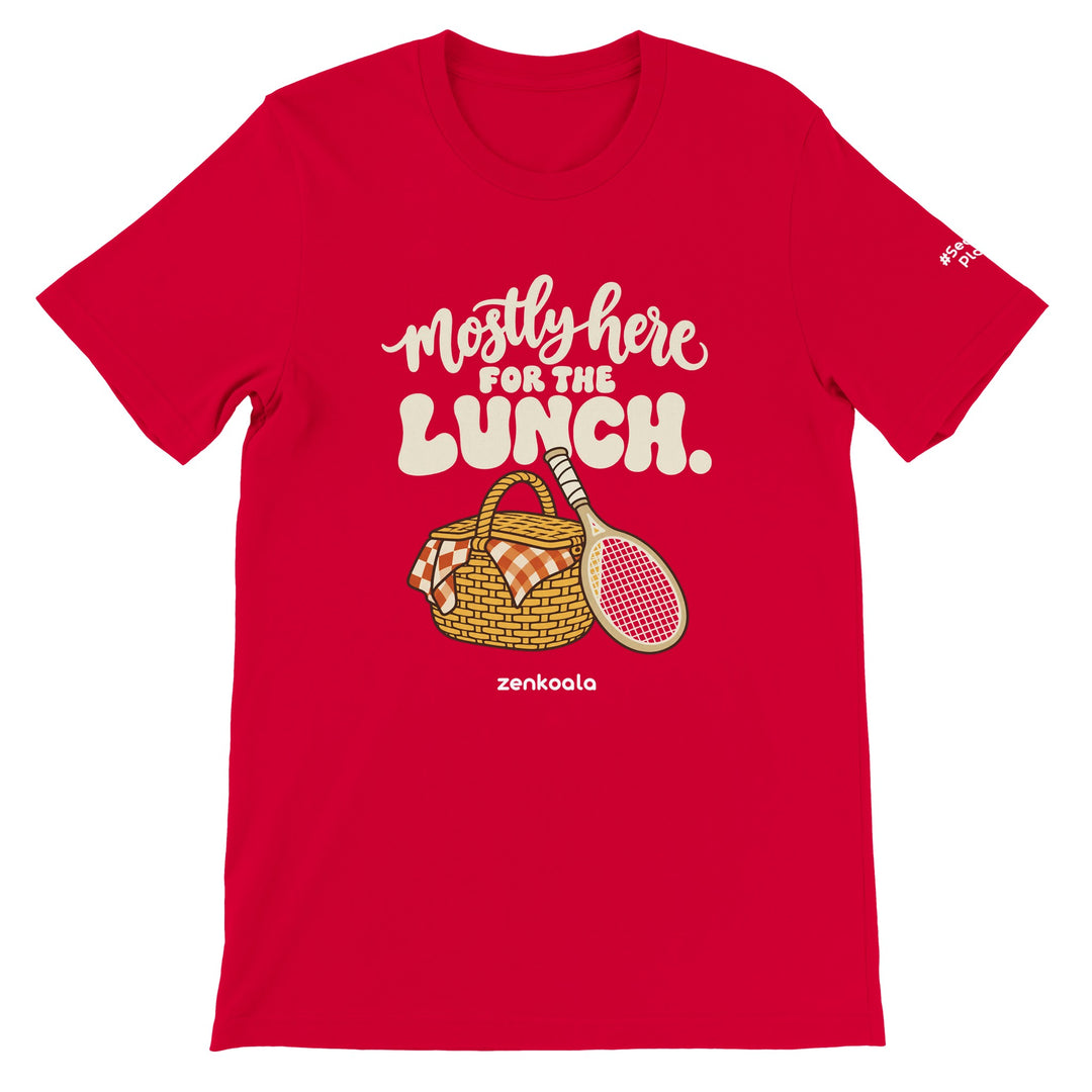 Mostly Here for the Lunch feel-good tee in red, Zen Koala Australia