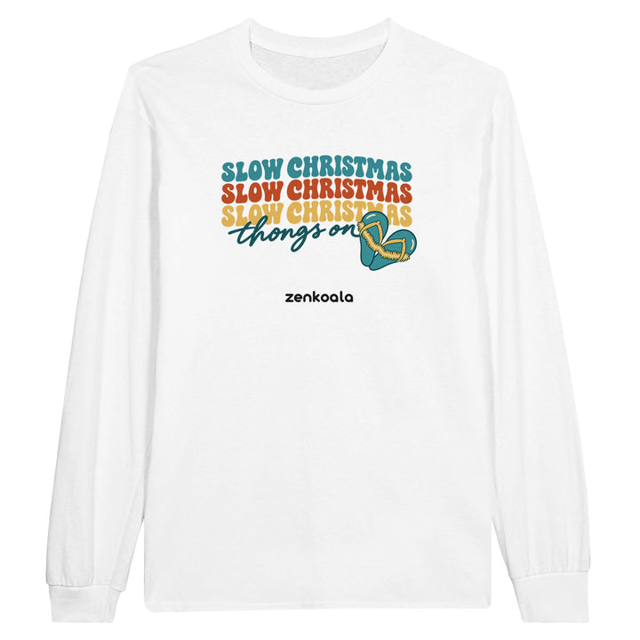 Slow Christmas Thongs On feel-good long sleeve tee in white, Zen Koala Australia