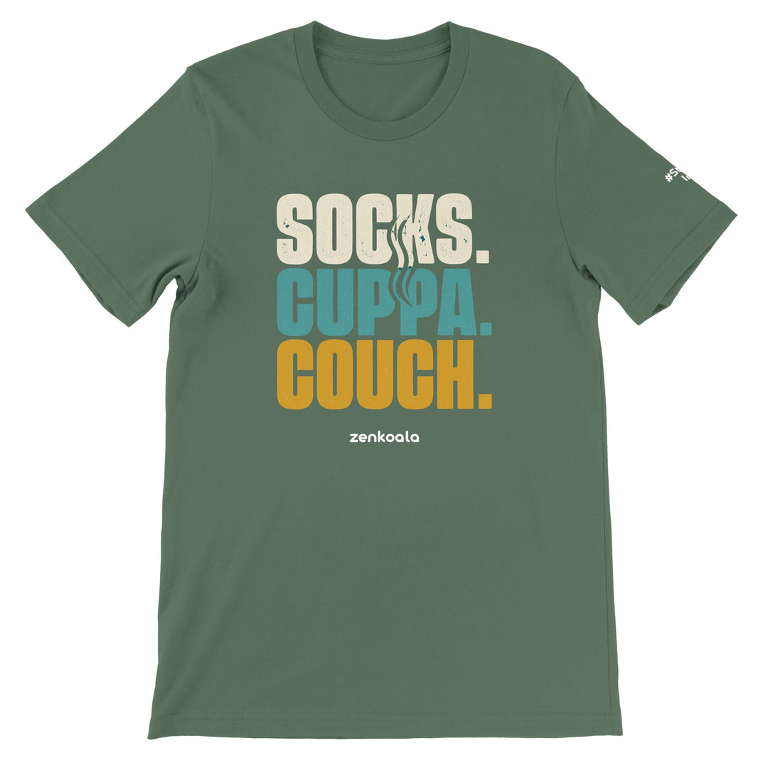 Socks Cuppa Couch feel-good tee in military green, Zen Koala Australia