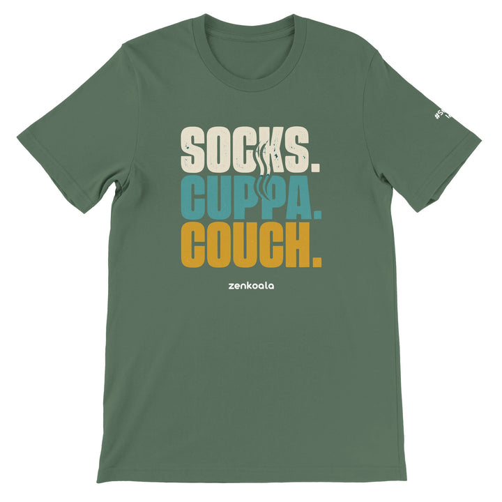 Socks Cuppa Couch feel-good tee in military green, Zen Koala Australia