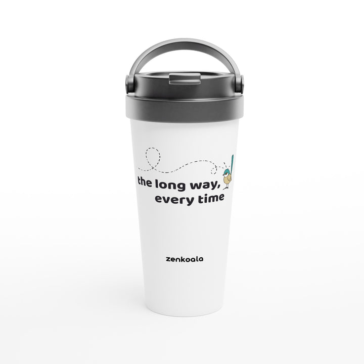The Long Way Every Time feel-good travel mug: a fairy-wren on a looping flight path, Zen Koala Australia