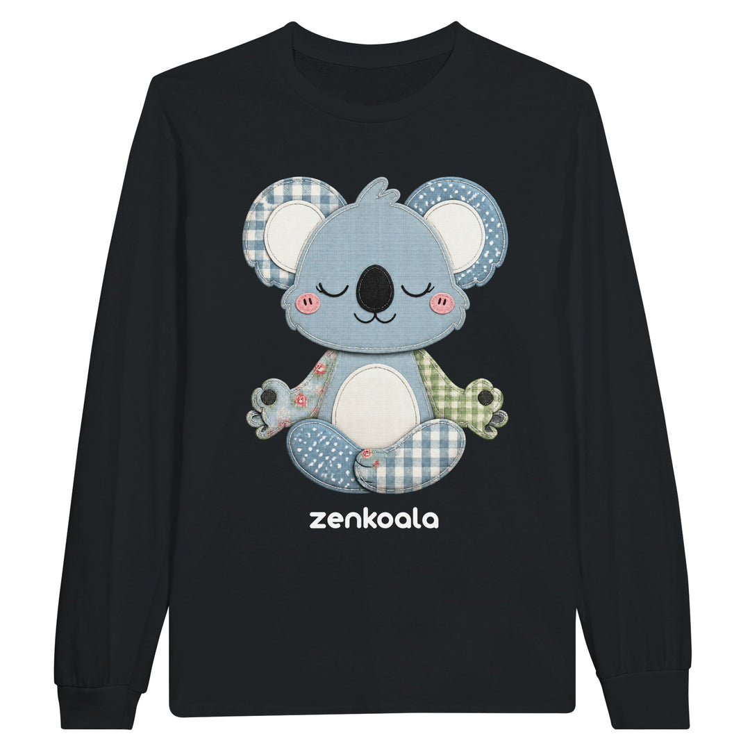 Faux Patchwork Meditating Koala long sleeve tee in black — Zen Koala Australia