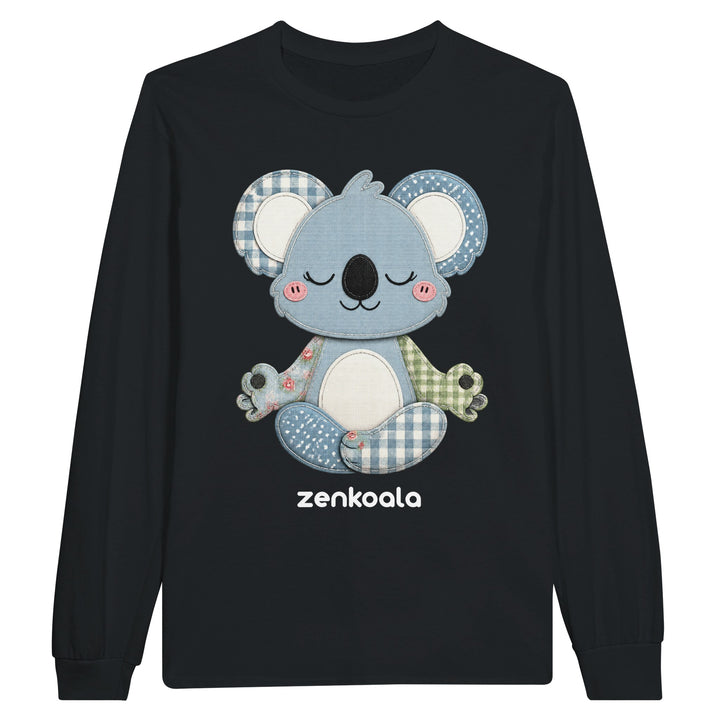 Faux Patchwork Meditating Koala long sleeve tee in black — Zen Koala Australia