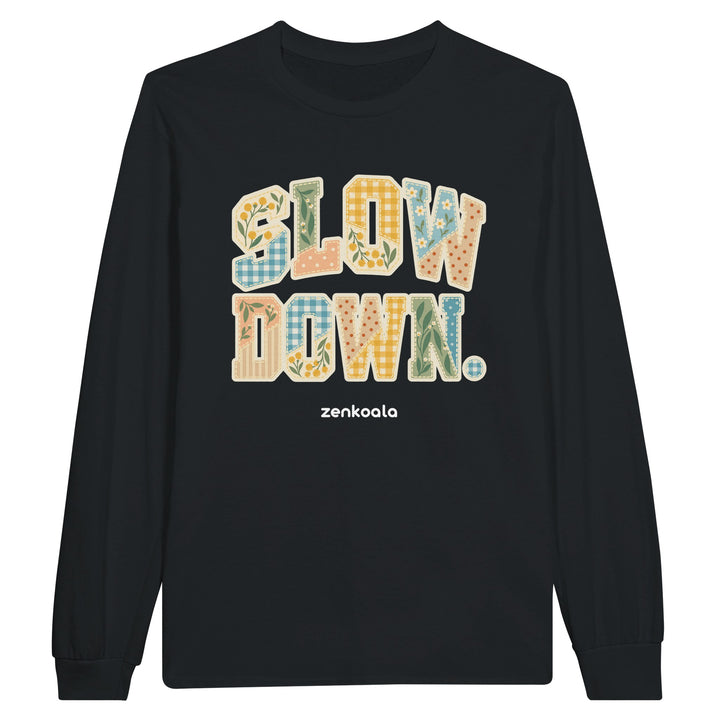 Slow Down Faux Patchwork feel-good long sleeve tee in black, Zen Koala Australia