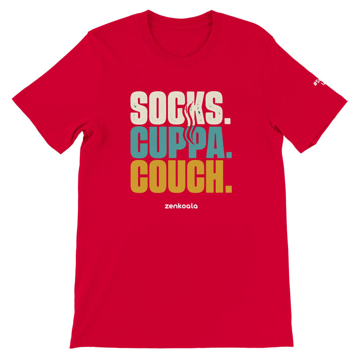 Socks Cuppa Couch feel-good tee in red, Zen Koala Australia