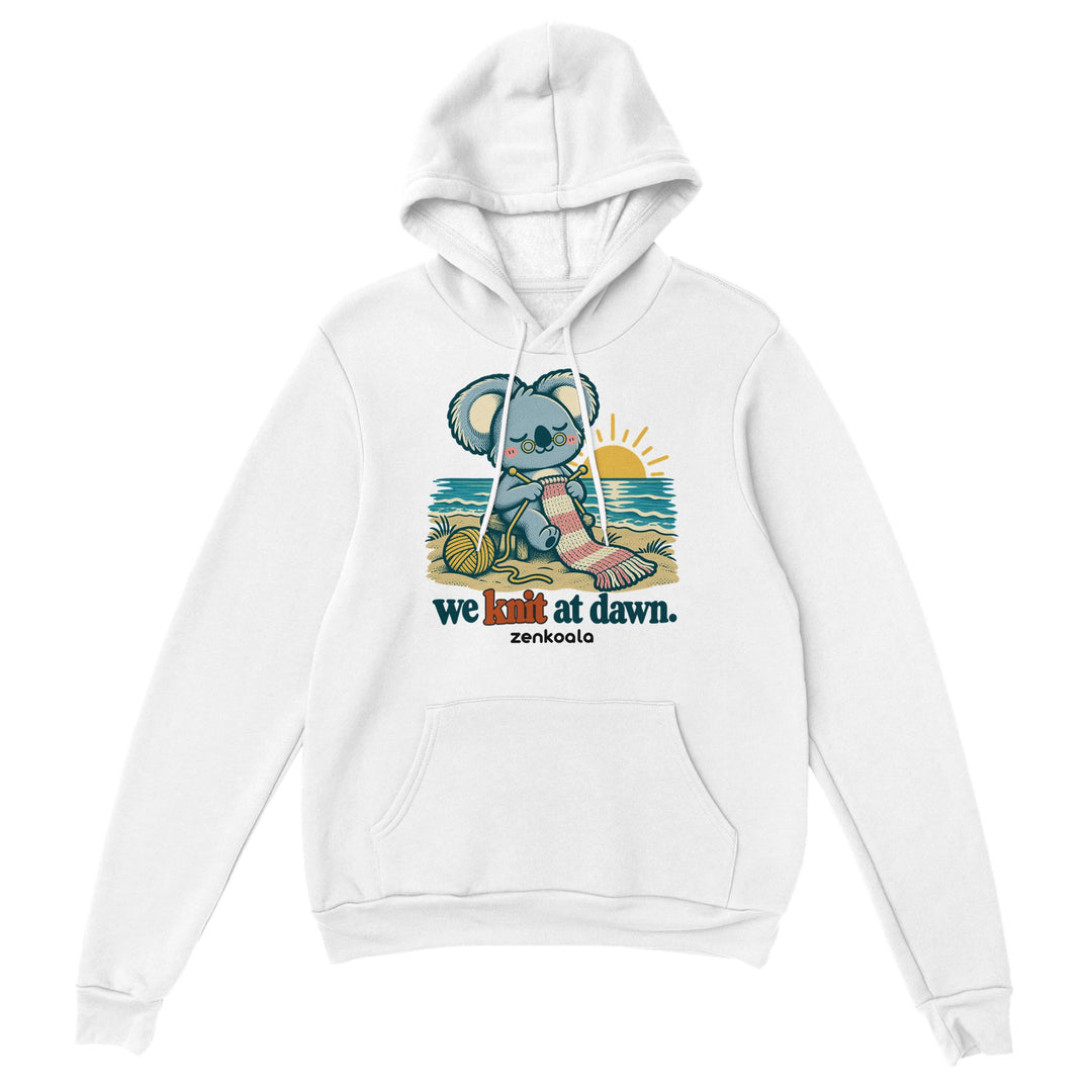 We Knit at Dawn feel-good hoodie in white, Zen Koala Australia