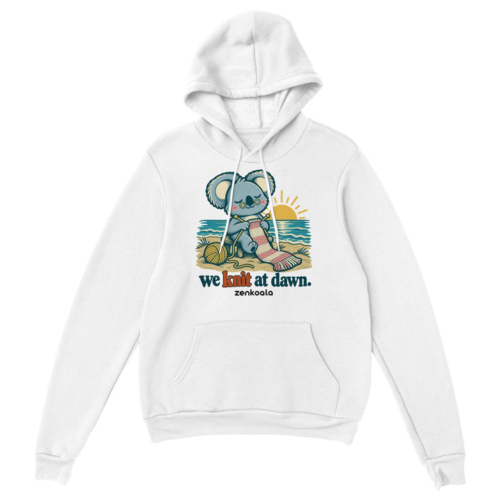 We Knit at Dawn feel-good hoodie in white, Zen Koala Australia