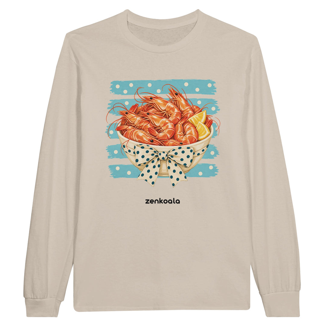 Prawns feel-good long sleeve tee in sand, Zen Koala Australia