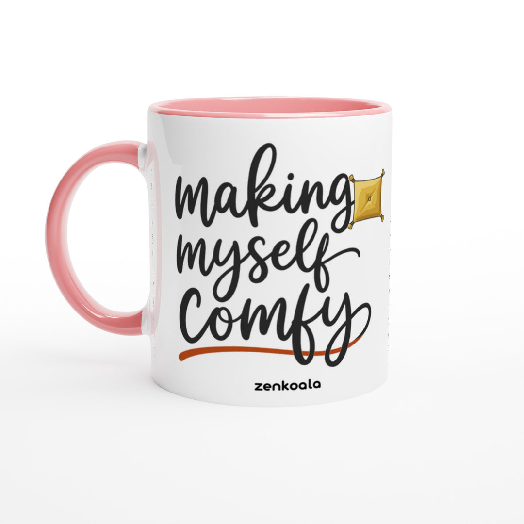 Making Myself Comfy mug in pink: white with a pink rim, inside and handle, Zen Koala Australia