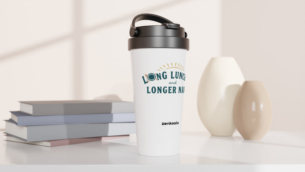 Long Lunches and Longer Naps travel mug beside books and vases, Zen Koala Australia