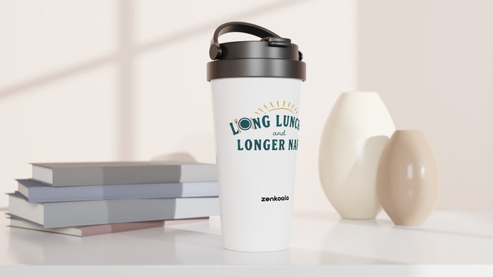 Long Lunches and Longer Naps travel mug beside books and vases, Zen Koala Australia