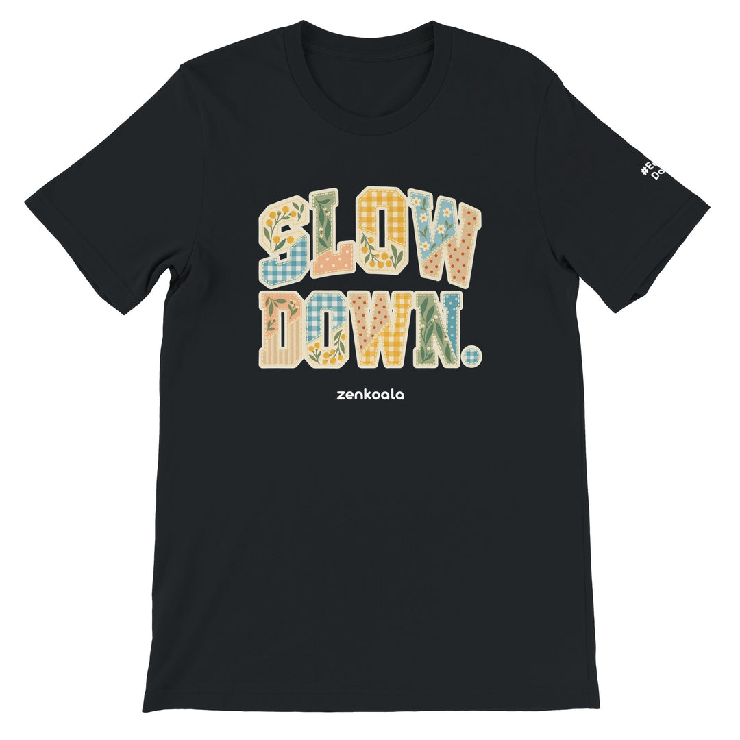 Slow Down Faux Patchwork feel-good tee in black, Zen Koala Australia