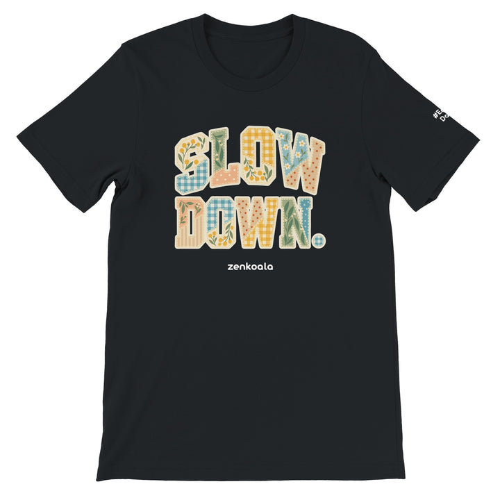 Slow Down Faux Patchwork feel-good tee in black, Zen Koala Australia