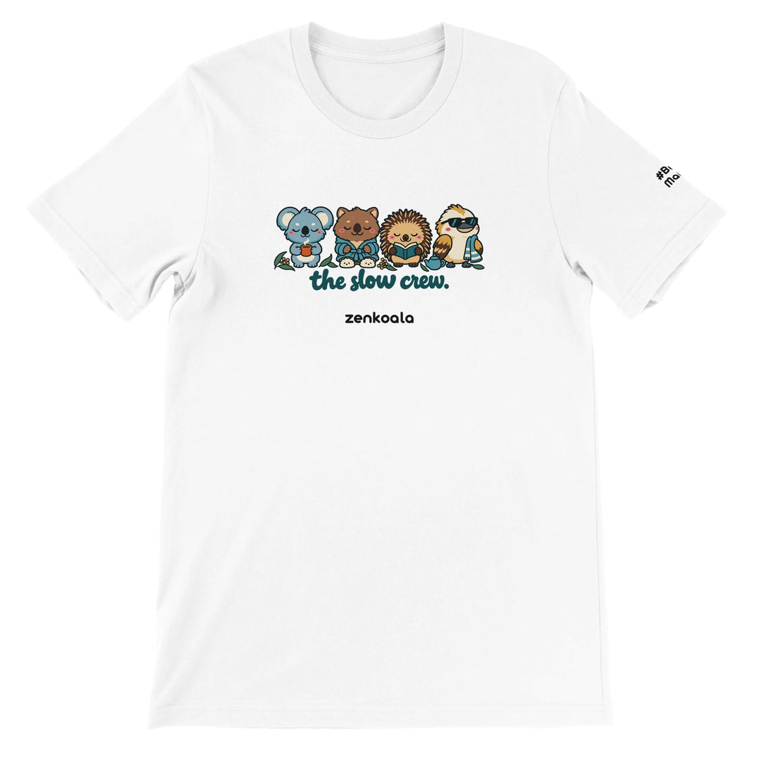The Slow Crew feel-good tee in white: four Aussie animals in a row, Zen Koala Australia