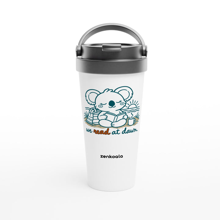 We Read at Dawn feel-good travel mug: a koala reading on the beach, Zen Koala Australia